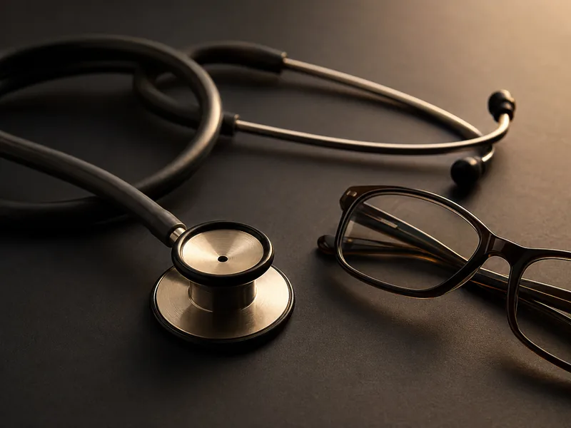A stethoscope and reading glasses on a dark surface