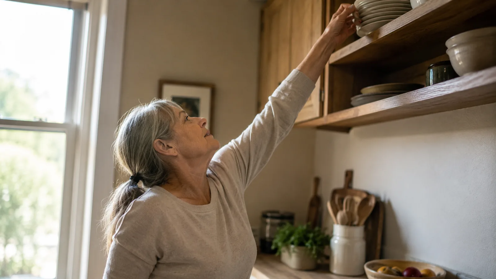 A woman reaching overhead to a high kitchen shelf